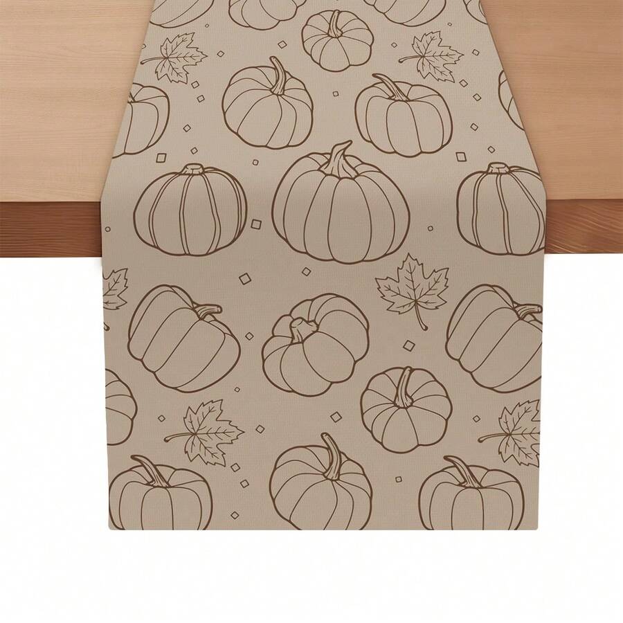MEMNUN 1pc Minimalist Line Art Pumpkin & Maple Leaf Print Table Runner, Polyester Material, Light Brown Background With Line Maple Leaf Autumn Harvest Thanksgiving Long Table Decor Cloth, Printed Craft, Fall Decor, Table Decor, Home Decor, Kitchen Decor, Table Cloth Rectangle, Home Decor Living Room, Suitable For Daily Home Atmosphere Creation, Dining Table, Tabletop, Countertop Decoration, Home DIY And More