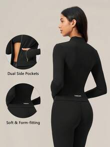 TimeOff Women's 1pc Solid Color Stand Collar Zipper Side Pocket Thumb Hole Jacket Coat, Autumn/Winter - Black - View 3