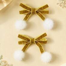 2件組黃色聖誕亮片女孩髮蝴蝶結，蓬鬆毛球裝飾，婚禮節日派對鱷魚夾，新年甜美日常髮夾，兒童髮飾 - 彩色 - 查看 9