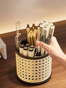 2pcs/1pc Retro Rattan‑Look Rotating Pen Holder, Multi‑Slot Makeup Brush Storage Organizer, Large‑Capacity Desktop Container, Vanity Cosmetic Brush Holder, Hollow Stylish Desk Organizer For Office & Student Stationery - Multicolor - View 6