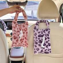 1pc Car Tissue Box Holder, Cute Plush Leopard Print, Hanging Seat Tissue Bag, Car Interior Decor - One Size Fits All - View 3