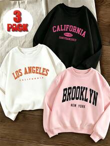 3pcs-Tween Girl 3-Piece Set Casual Fun Print Crew Neck Long Sleeve Sweatshirt Autumn/Winter Top - Black - View 1