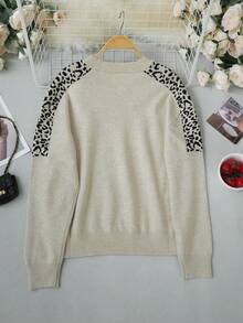 Vintage Patchwork Lazy Knit Top, Black Leopard Print Raglan Block Crew Neck Versatile Casual Long Sleeve Sweater, Suitable For Daily Commute, Shopping, Travel, Home Leisure - Champagne - View 7