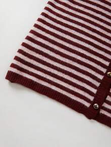 MORI Women's Y2K Comfortable Burgundy Striped Elbow Sleeve Round Neck Loose Knit Cardigan Sweater Button Up Top Autumn Fashion Outfit - Red and Pink - View 9