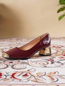2026 New Lightweight Luxury Shiny Pleated Square Toe Low Vamp Closed Toe Design Chunky Heel 4.5cm Foot-Flattering Daily Casual Versatile Shoes - Burgundy - View 9