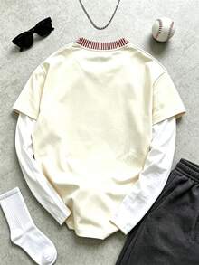 Men's Letter Patchwork Print Faux Two Pieces Long Sleeve T-Shirt, Casual Vintage Street Style Crew Neck Top - Multicolor - View 4
