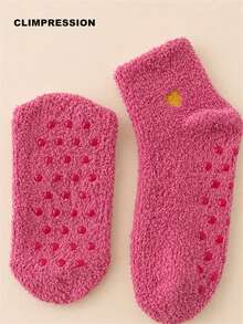 CLIMPRESSION Women's Fluffy Coral Fleece Socks, Cute Heart Embroidered Non-Slip Slipper Socks, Warm Soft Comfortable Winter Sleep Home Socks - Hot Pink - View 16