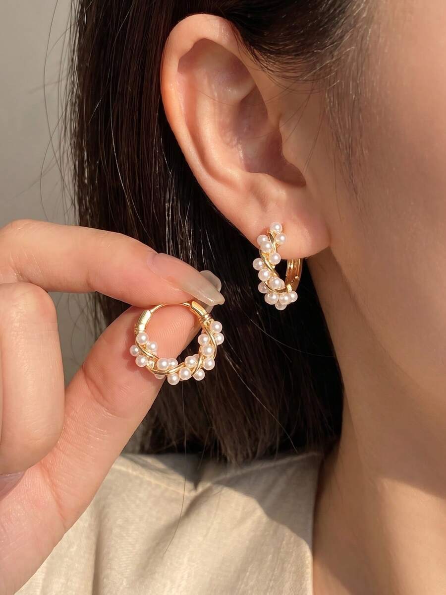 2pcs Circle Pearl Exquisite Niche Design Light Luxury Elegant Vintage Ear Cuffs Earrings - Multicolor - View 1
