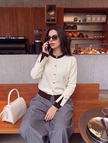 Contrast Color Round Neck Knit Cardigan Women Spring Autumn, Luxury Metal Button Color Block Long Sleeve Commuter Top, Suitable For Daily Wear Or Layering Under Blazer - Apricot - View 1