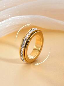 1pc Stainless Steel Rotatable Double Circle Square Diamond "Time Flies" Ring, Constellation Couple Ring, Suitable For Daily Wear & Stress Relief - Multicolor - View 9