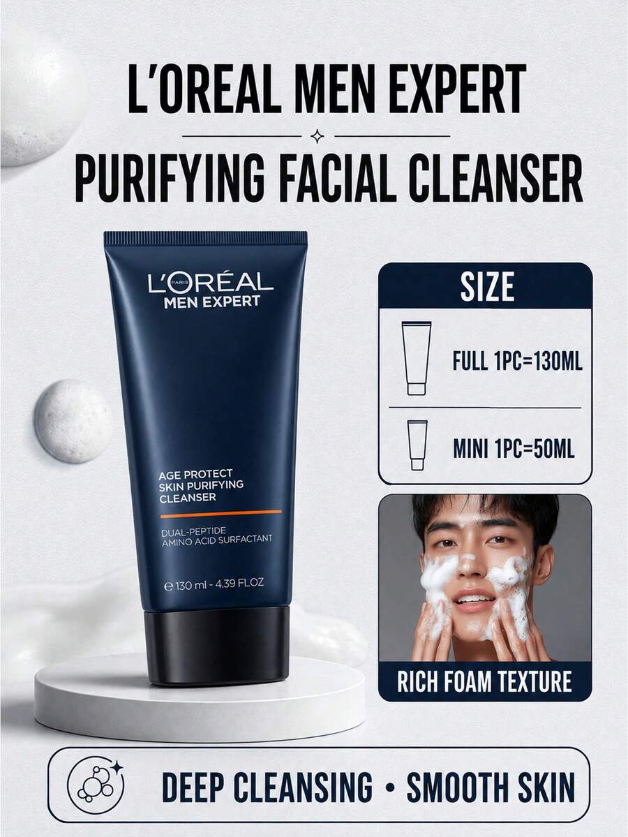 L’Oreal Paris L'Oreal 男士淨化洗面乳 130ml/50ml，溫和深層清潔，平衡油脂與水分，男士日常臉部清潔，清潔毛孔與油脂