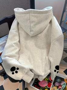 Cute Cat Expression Pattern Y2K Hoodie, Fall Clothes For Women, Back To School, Thermal Lined Warm - Light Grey - View 3