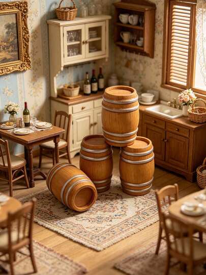 1pc Dollhouse Miniature Wine Barrel, 1:12 Luxury Dollhouse Miniature Wine Barrel Decor Accessory, Super Cute Playful Vintage Hoop Wine Barrel, Miniature Courtyard Tavern Scene, Props And Decorations, Fashion Dollhouse Decor DIY Handmade House Scene Setup, Soft Scene Setup For Girls, Figure Doll Photography Props, Suitable As Birthday Christmas Small Gift Best Companion