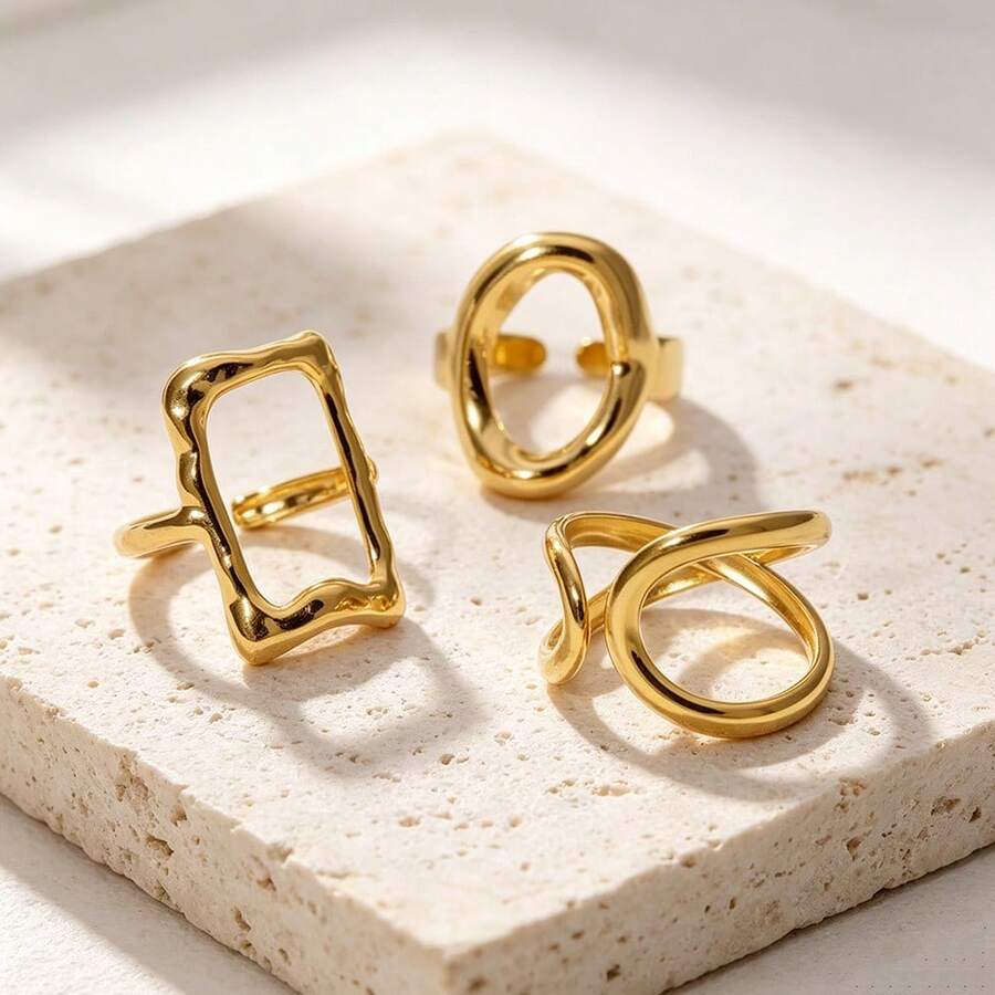 3pcs Luxury Style Hollow Geometric Stainless Steel Gold Plated Open Ring Set For Women, Suitable For Daily Wear, Dating, Shopping, Party - As Shown - View 1
