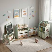 Kinderopbergmeubel, kinderboekenkast met open planken en 2 stoffen lades, MDF, groen - A - Bekijken 11