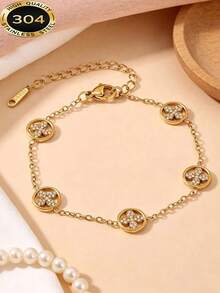 1pc Luxury High-End 18K Gold Plated Round Rhinestone Studded Four-Leaf Clover Bracelet, Versatile Jewelry Accessory For Women - Diamond-encrusted Four-leaf Clover Bracelet - View 2