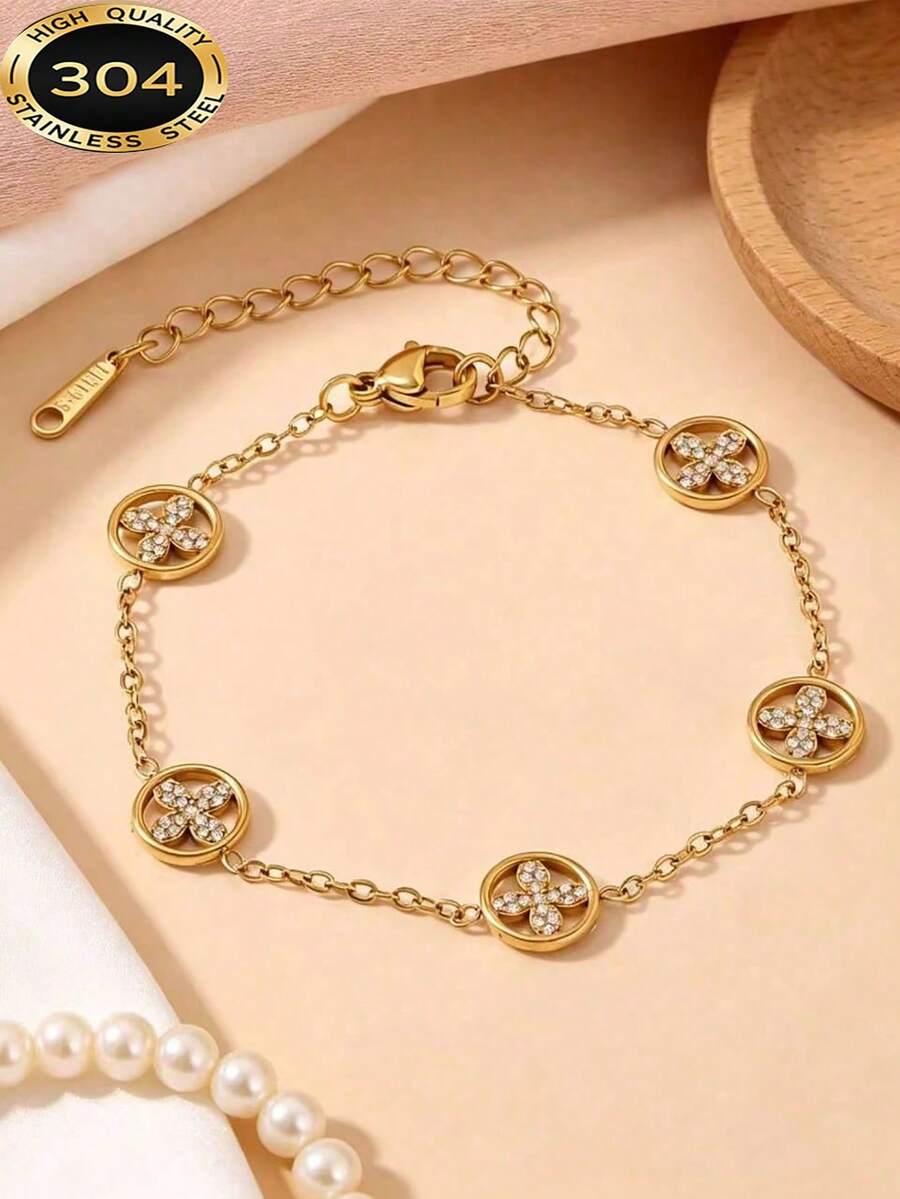 1pc Luxury High-End 18K Gold Plated Round Rhinestone Studded Four-Leaf Clover Bracelet, Versatile Jewelry Accessory For Women