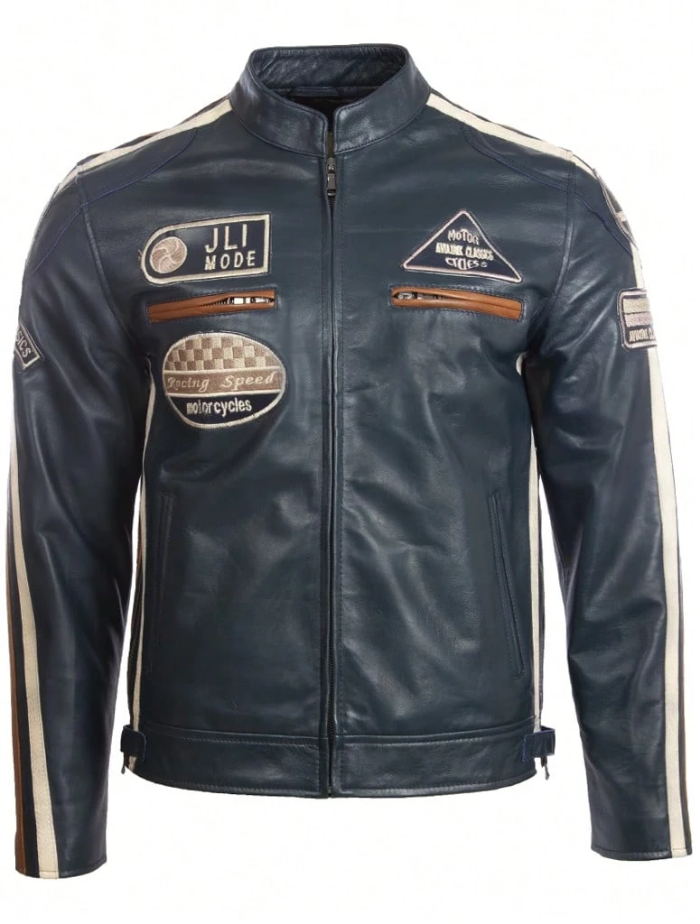 AVIATRIX Men's Genuine Leather Biker Jacket In Navy Blue (CXUS) - Navy Blue - View 1