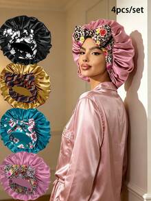 4pcs Women's Floral Print Bow Decor Satin Hair Caps, Soft Elastic Band, Silky Hair Protection Night Caps, Suitable For Daily Home Use - Multicolor 4pcs - View 27