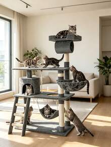 1 Pc Dual‑Style Cat Tree, Luxury Version 55.5 Inches, Regular Version 17 Inches, Wear‑Resistant Sisal Scratching Posts, Equipped With Cat House, Tunnel, Hammock, Ladder And Cat Teaser Pendant, Suitable For Indoor Household Pet Cats - Multicolor - View 3