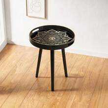 Round Tray Top Side Table, Mandala Floral Print, Black & Gold Luxury Printed End Table, Multi-Functional Coffee Tea Snack Decorative Table, Sofa Bedroom Bathroom Patio Garden Home Decor Storage Side Table - Black - View 4