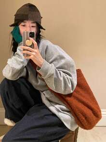 秋冬款焦糖棕人造毛皮托特包，慵懶大容量通勤女款單肩/斜跨包 - 亮橙色 - 查看 3