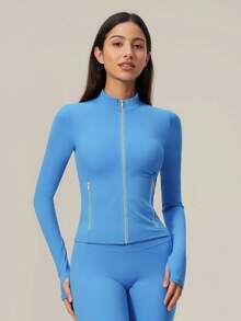 TimeOff Women's 1pc Solid Color Stand Collar Zipper Jacket With Side Pockets And Thumb Holes, Autumn/Winter - Blue - View 8