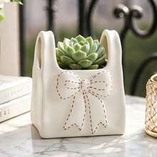 1pc Girly Style Handbag Shaped Flower Pot With Bow, Exquisite Embossed Design, Vanity Decor, Rental Home Soft Furnishing, Best Friend Gift, Desktop Succulent Planter Container - Handbag Planter - View 7