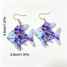 1 pieza Pendiente de gancho de oreja de acrílico con diseño de pez de dibujos animados colorido, estilo de vacaciones oceánico, pendientes creativos con forma de pez pintado para mujeres, joyería de oreja divertida y personalizada - Azul - Ver 4