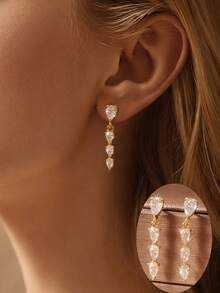 1 Pair Super Shiny Zirconia Heart Tassel Stud Earrings, Niche Luxury High-End Style - Multicolor - View 1