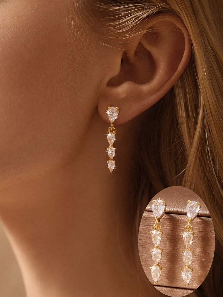 1 Pair Super Shiny Zirconia Heart Tassel Stud Earrings, Niche Luxury High-End Style - Multicolor - View 1