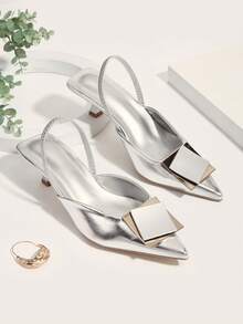 Women's New Fashion Polka Dot Elegant Patchwork Square Buckle Comfortable High Heel Sandals - Silver - View 1