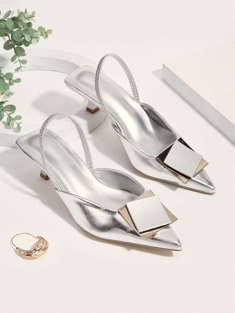 Women's New Fashion Polka Dot Elegant Patchwork Square Buckle Comfortable High Heel Sandals - Silver - View 1
