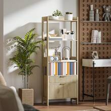 Hoge boekenkast, opbergmeubel met 4 open planken en 2 geribbelde laden, 60 x 30 x 160 cm, naturel hout - A - Bekijken 4