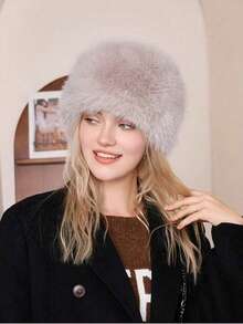 White Faux Fur Round Hat, Fluffy Plush Winter Headwear, Warm Outdoor Street Travel Accessory For Cold Weather - Multicolor - View 9