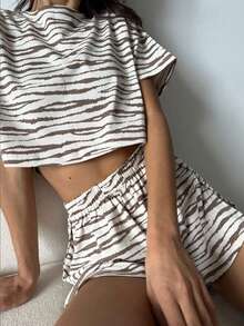 2pcs Set: Simple Contrast Stripe Casual Loose Knit Long Sleeve Top With Side Split And Shorts, Homewear Set,Two Pieces Set Outfit - Mocha Brown - View 3