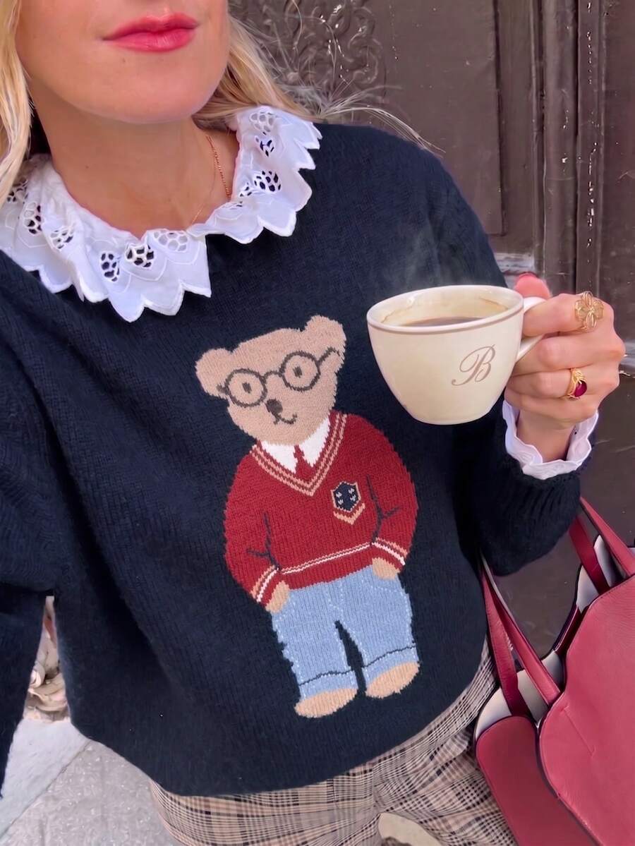 Women's Preppy Long Sleeve Knit Sweater, Cute Bear Pattern, Regular Length Medium Stretch Pullover, Suitable For Autumn Wear - Navy Blue - View 1