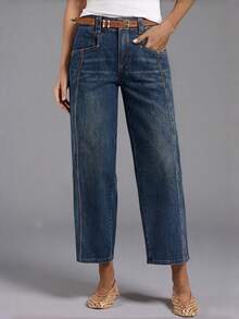 Women's Vintage Dark Blue Loose Slimming High Waist Wide Leg Cropped Jeans - Retro Blue - View 1