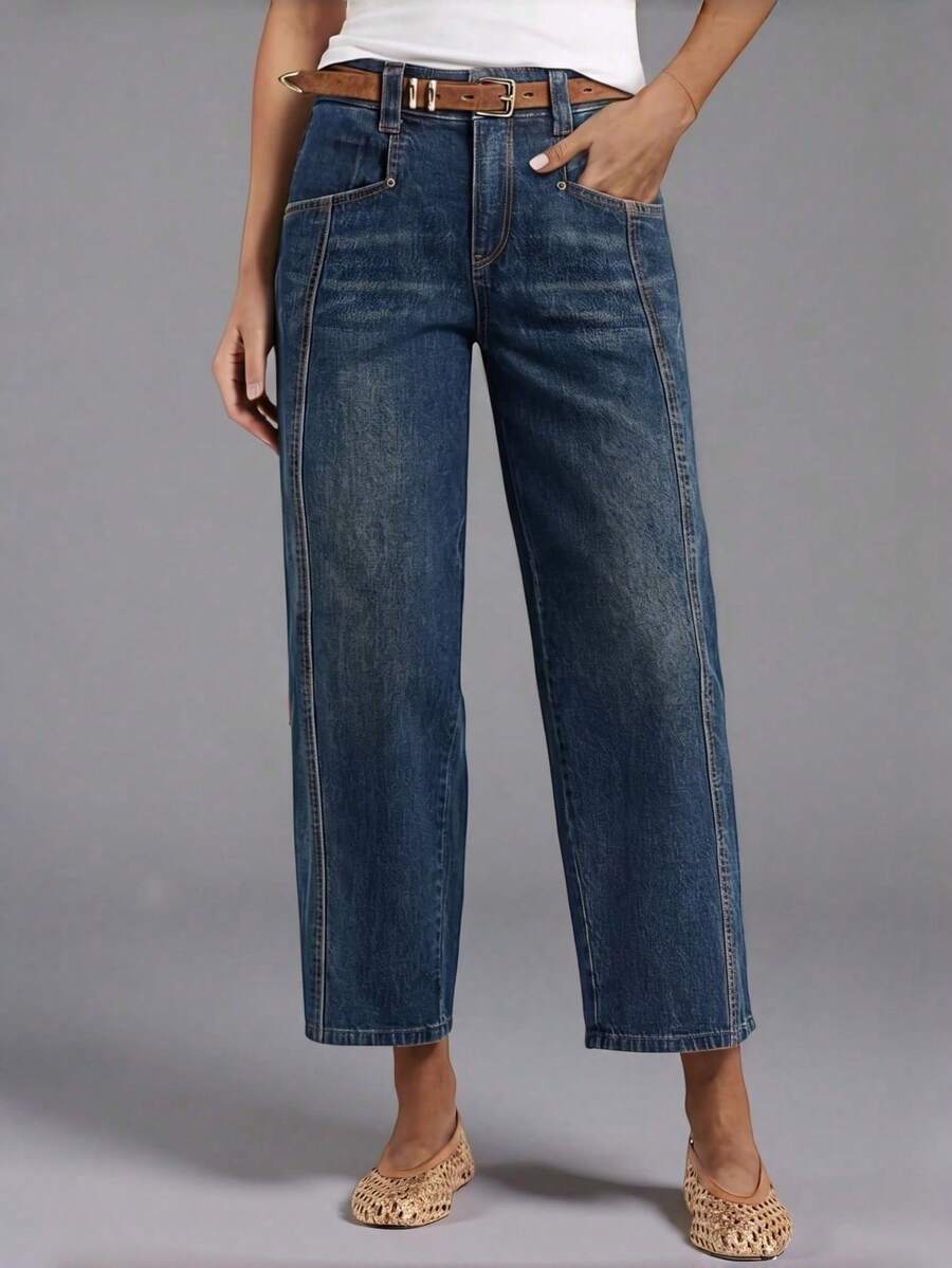 Women's Vintage Dark Blue Loose Slimming High Waist Wide Leg Cropped Jeans - Retro Blue - View 1