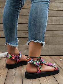 Sandalias de mujer con estampado geométrico y tiras finas, sandalias deportivas planas de estilo bohemio con correa de tobillo, zapatos casuales de playa con punta abierta para caminar - Rosa Roja - Ver 7
