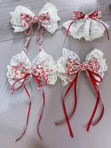 1 buah/4 buah Jepit Rambut Ekor Kuda Wanita Elegan Motif Bunga Mewah dengan Pita Renda dan Mutiara - MultiWarna - View 1
