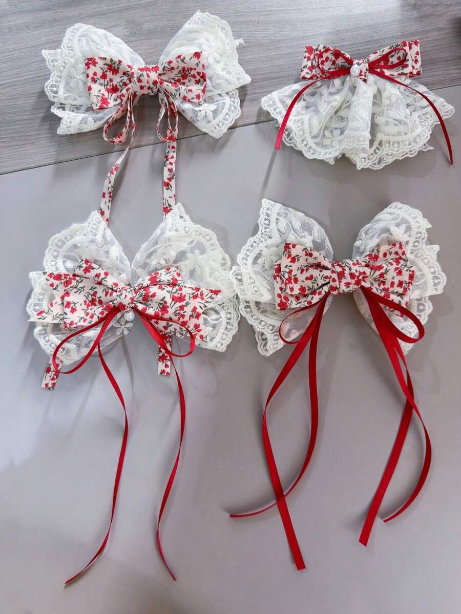 1 buah/4 buah Jepit Rambut Ekor Kuda Wanita Elegan Motif Bunga Mewah dengan Pita Renda dan Mutiara - MultiWarna - View 1