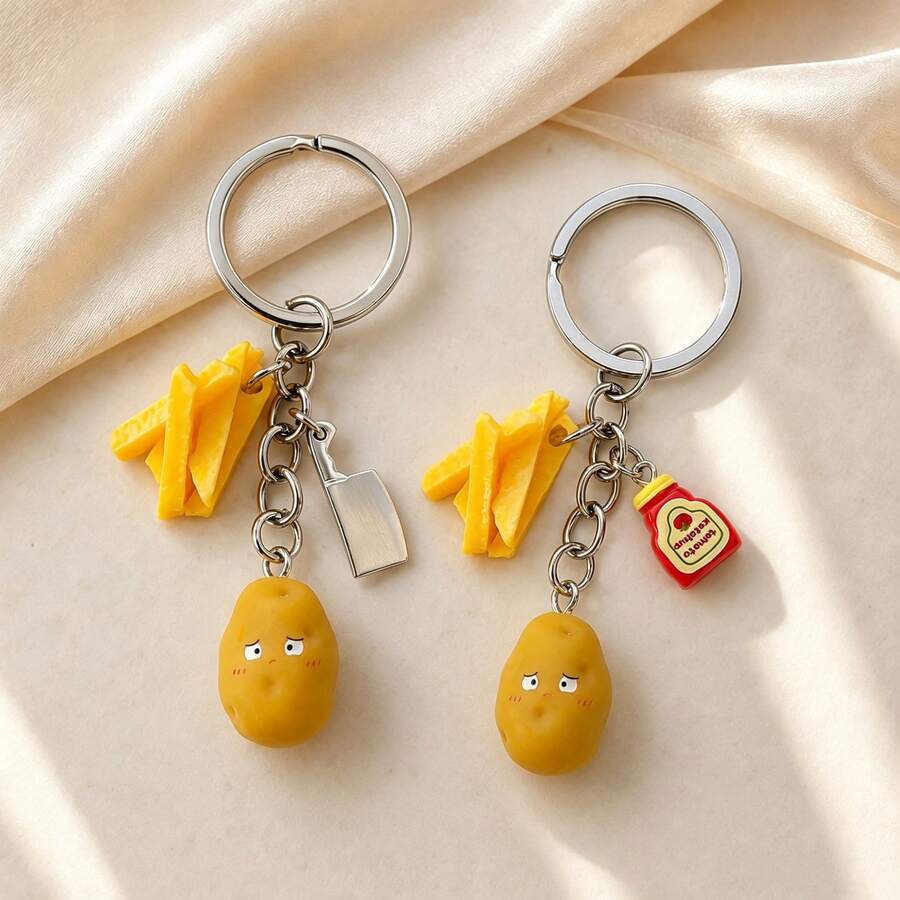 1pc/2pcs Unisex Cartoon Expression Potato Fries Ketchup Resin Pendant Realistic Knife Accessory Cute Funny Bag Charm - Multicolor - View 1