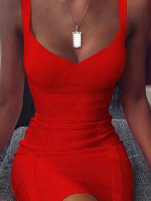 Elegant V-Neck Sleeveless Short Fitted Dress, Women's Ribbed Bandage Dress, Sexy Red Cocktail Party Dress For Night Out Wedding Spring Fall - Red - View 1