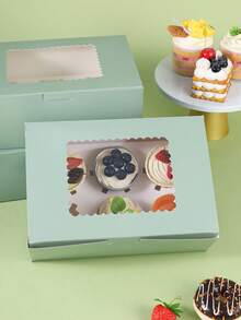 3/6/10/14/16pcs Light Green Paper Cupcake Boxes, Light Green Paper Dessert Packaging Boxes With Transparent Window And Cupcake Liners, Rectangular Solid Color Candy Boxes, Suitable For Cupcakes, Cookies, Candies, Birthday Party Supplies - Multicolor - View 3