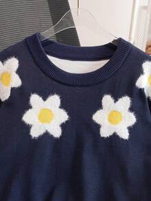 Girls' Sweet 3D Floral Round Neck Long Sleeve Knit Sweater Pullover, Casual Versatile For Daily Wear And School, Spring Autumn Winter - Navy Blue - View 3