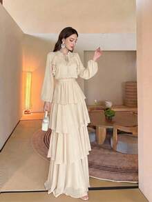 Women's New Solid Color Elegant Small Stand Collar Long Sleeve Tiered Ruffle Design Fashion Luxury Slimming Waist Flared Dress - Apricot - View 4