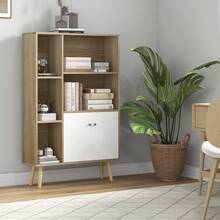 Scandinavische boekenkast/opbergmeubel, afmetingen 80L x 23,5B x 123H cm, 5 vakken, 2 deuren, taps toelopende poten - A - Bekijken 3