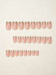 24pcs Summer Short Square Elegant Golden Edged Nude Glossy Nail Tips, Fashion Versatile Wear For Dates, Parties, Spring/Summer, Suitable For Women & Girls, Autumn/Winter Daily Wear, Removable Press-On Nails Set With Jelly Gel And File Included, Random Jelly Gel Color - Gold - View 3