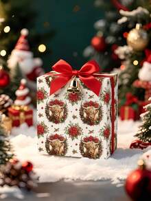1 Roll Of Christmas Gift Wrapping Paper Featuring A Highland Cow Pattern With Santa Hats; Perfect For Christmas Gift Wrapping,Holiday Party Decor,Home Festive Decoration,DIY Craft,Festive Favour Wrapping Dimensions: 43 Cm X 300 Cm. - A - View 5